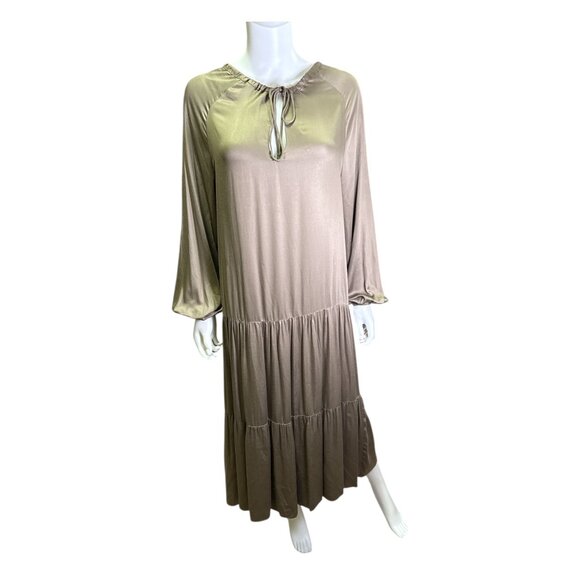 Neu Nomads Alka Dress Khaki Vegan Tencel Modal Long Sleeve Tiered Midi Small NWT - Picture 1 of 7